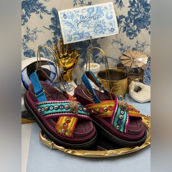 🆕 KURT GEIGER LONDON 🧿 NWOB Orson Cross Scallop Sandal Purple Multi Sz 37 US 7 - Picture 2 of 14